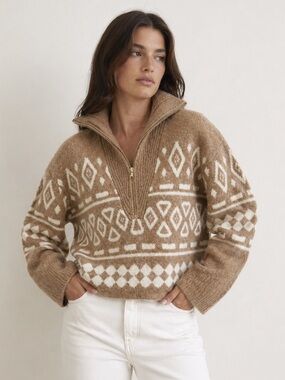 NWOT J.Crew Geometric Half-Zip Alpaca Sweater camel size XS